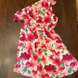 Andree by Unit White Red Floral Print Ruffle One Shoulder Cocktail Dress Size M